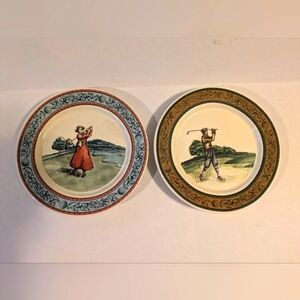 Golf man and woman golfers on display plates.